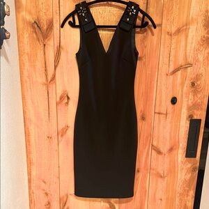 Ted Baker - Black Satin Formal Bodycon Dress - Embellished Sleeves - Midi - Sz 0